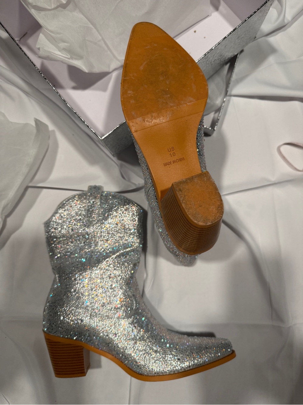 Silver Glitter Block Heel Ankle Boots - Women's